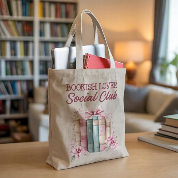 Bookish Lover Tote Bag Canvas Pink Bow Book Club Gift for Women - Picture 7 of 7